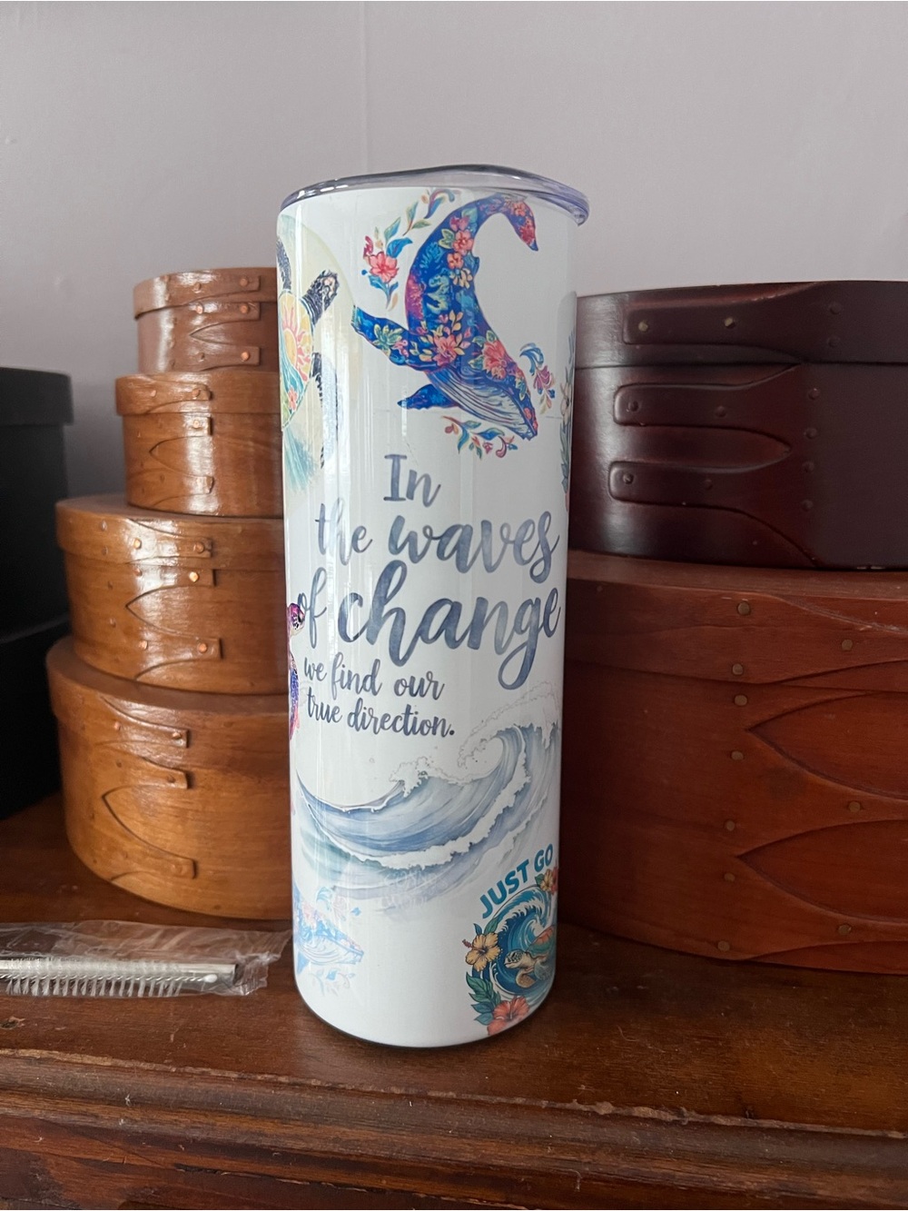Insulated White Tumbler with Blue Floral Whale Design